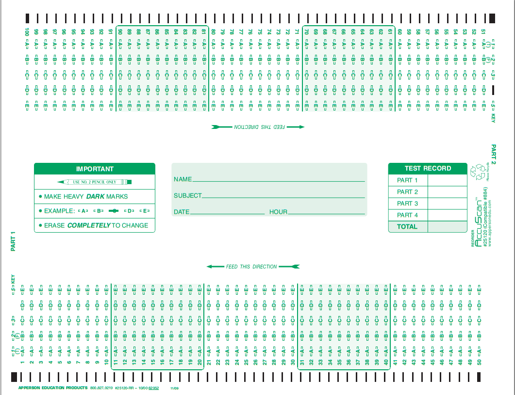 Scantron Compatible Answer Sheet Catalog Test Answer Sheet Item 25120